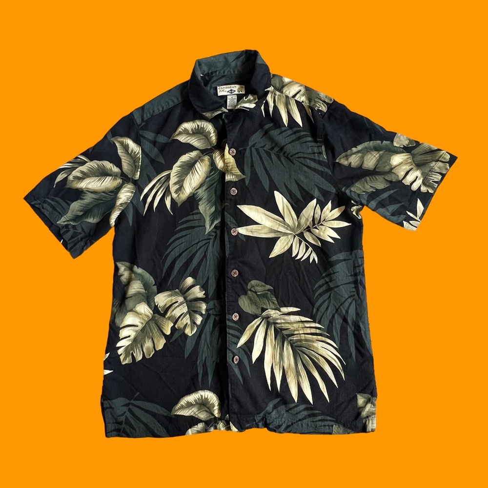Carribbean Joe Button Shirt Hawaii Floral Print 100% Rayon Black Green Men Sz S